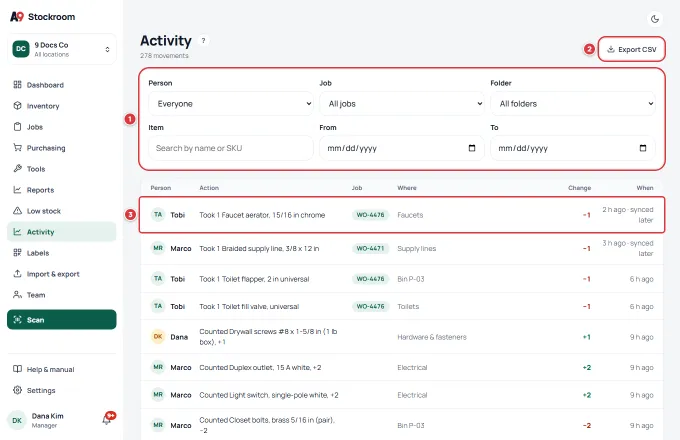 The Activity screen on a desktop. The filters are marked 1, Export CSV is marked 2 and a line that says synced later is marked 3.