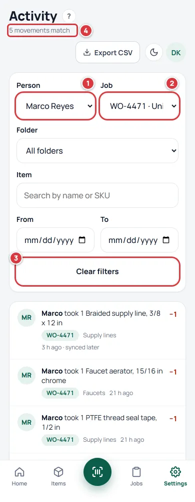 The Activity screen with Person set to Marco Reyes and Job set to WO-4471. The filters are marked 1 and 2, Clear filters is marked 3 and the count, which now says 5 movements match, is marked 4.
