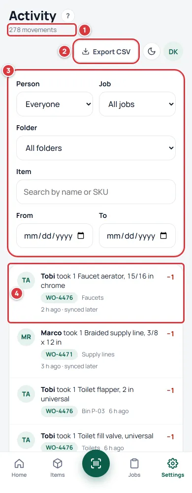 The Activity screen on a phone. The count is marked 1, Export CSV is marked 2, the filters are marked 3 and the first line is marked 4.