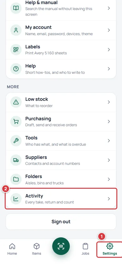 The Settings screen on a phone. The Settings tab is marked 1 and the Activity row is marked 2.