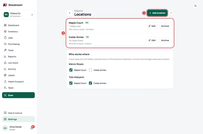 The Locations screen with Add location and the list of locations marked.