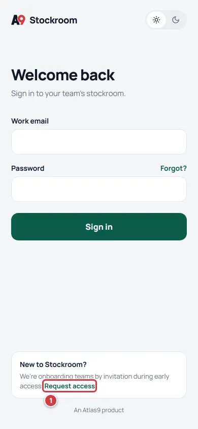The sign-in screen with the Request access note marked.