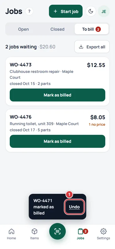 The To bill tab on a phone just after Mark as billed. A message says WO-4471 was marked as billed, with Undo marked 1. The list has two jobs left.