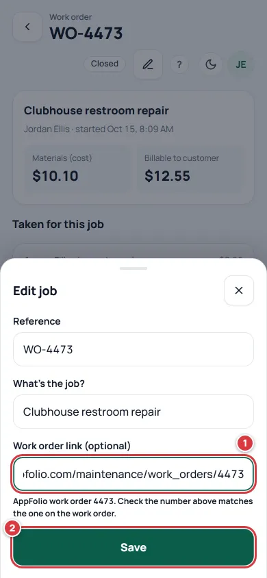 The Edit job sheet on a phone. The Work order link box is marked 1 and Save is marked 2.