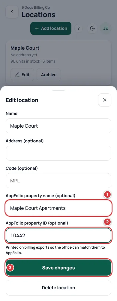 The Edit location sheet on a phone. The AppFolio name box is marked 1, the AppFolio ID box 2 and Save changes 3.