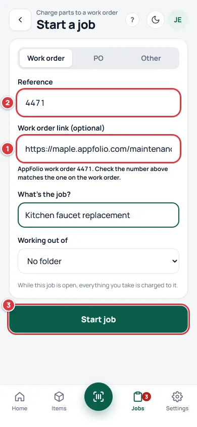 The Start a job form on a phone. The Work order link box holds an AppFolio address (1), Reference has filled itself in with 4471 (2), and Start job is marked 3.