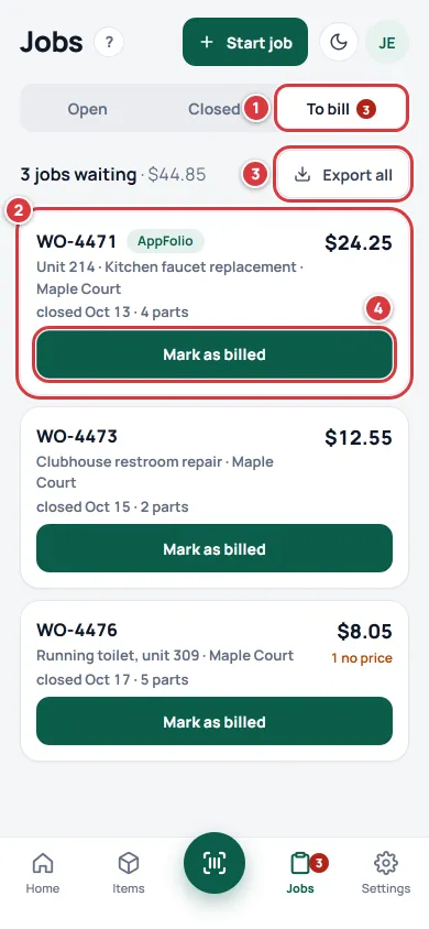 The To bill tab on a phone. The tab with its count is marked 1, the first job 2, Export all 3 and Mark as billed 4.