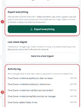 The Export everything card and the Activity log on the right-hand side of Company.