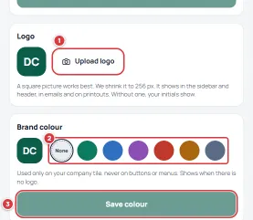 The logo and colour cards with Upload logo, the colour choices and Save colour numbered.