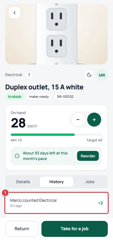 The History tab of an item with a row that reads Marco counted Electrical, plus 2.