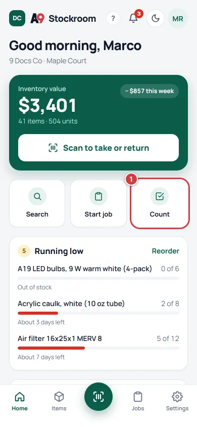 Home on a phone with the Count button marked.