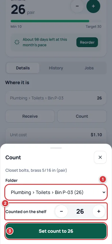 The Count sheet on an item's page. Mark 1 is Folder, mark 2 is Counted on the shelf and mark 3 is the Set count to button.
