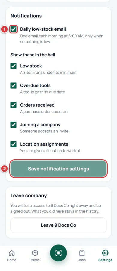 The Notifications card on My account with the Daily low-stock email tick marked 1 and Save notification settings marked 2.