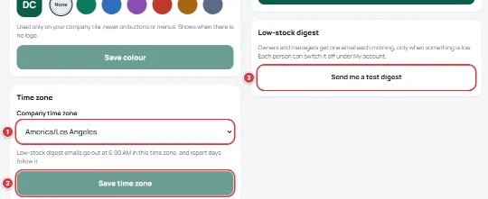 The Time zone card on the Company screen with the Company time zone list marked 1 and Save time zone marked 2. The Low-stock digest card is on the right with Send me a test digest marked 3.
