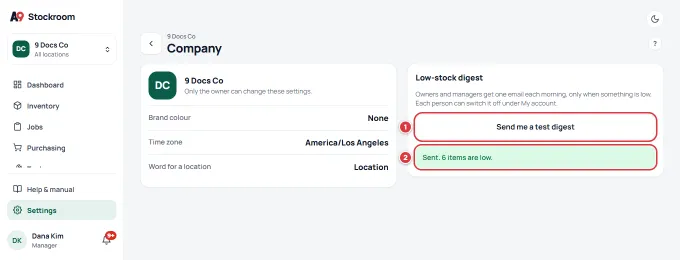 The Company settings screen with Send me a test digest marked 1 and the message that it was sent marked 2.