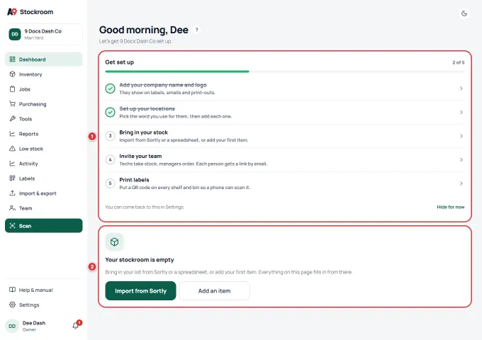 The dashboard of a brand-new company on a desktop. The Get set up checklist is marked 1 and the Your stockroom is empty card is marked 2.
