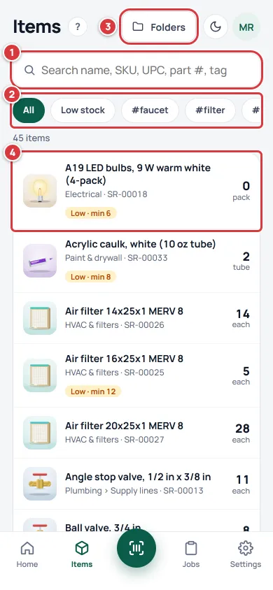 The Items screen. Mark 1 is the search box, mark 2 is the row of filter chips, mark 3 is the Folders button and mark 4 is an item in the list.