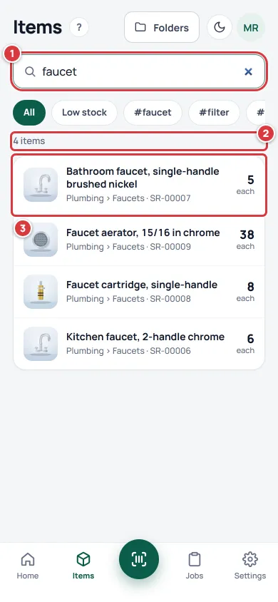 The Items screen with the word faucet typed in the search box. Mark 1 is the search box, mark 2 is the count of matching items and mark 3 is the first result.