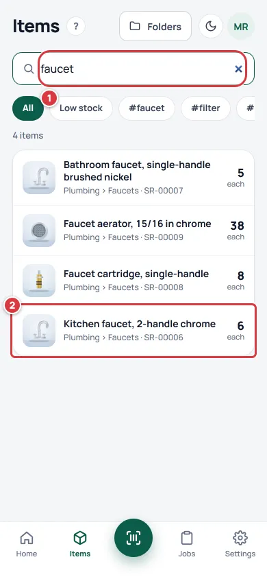 The Items screen on a phone with "faucet" typed in the search box (1) and the Kitchen faucet row marked 2.