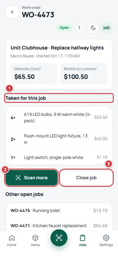 A job's page: the Taken for this job list (1), the Scan more button (2) and the Close job button (3).