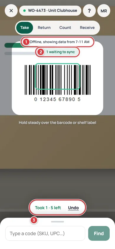 The Scan screen with no signal: the Offline pill (1), a chip saying 1 waiting to sync (2) and the Took 1 message (3).