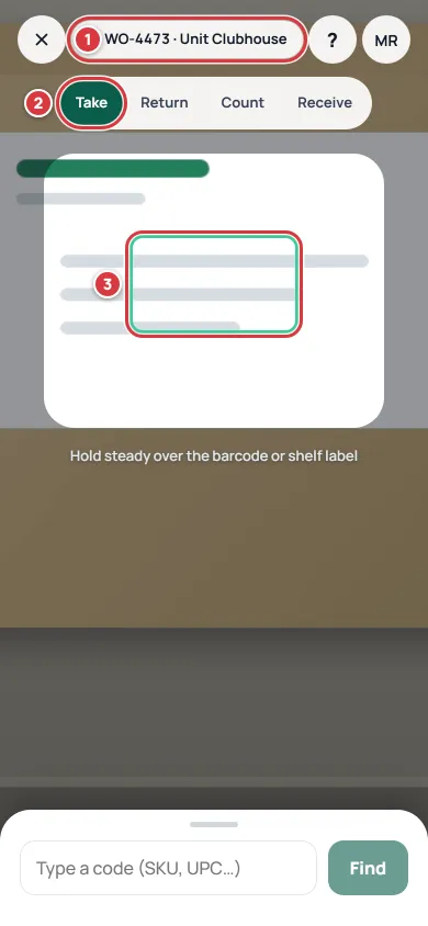 The Scan screen: the job pill marked 1, the Take mode marked 2, and the frame marked 3.