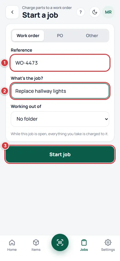 The Start a job screen with Reference and What's the job? filled in, and the Start job button, marked 1 to 3.