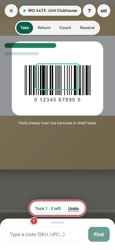The Scan screen with a message at the bottom: Took 1, 5 left.