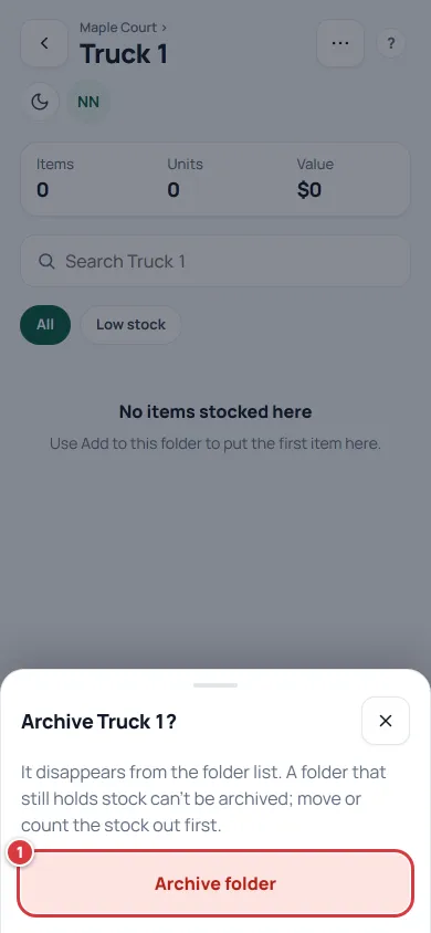 The Archive Truck 1 sheet. The Archive folder button is marked 1.