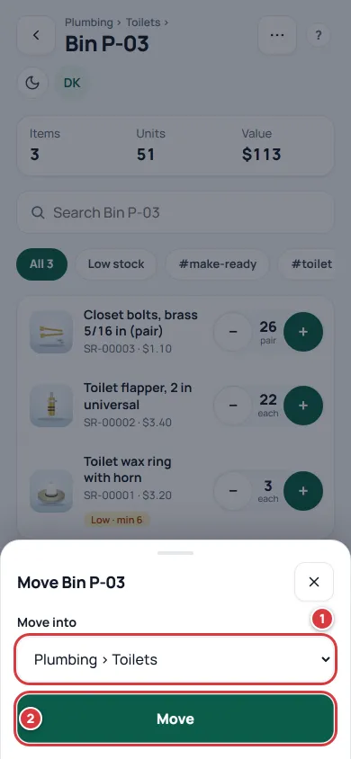 The Move sheet. The Move into list is marked 1 and the Move button is marked 2.