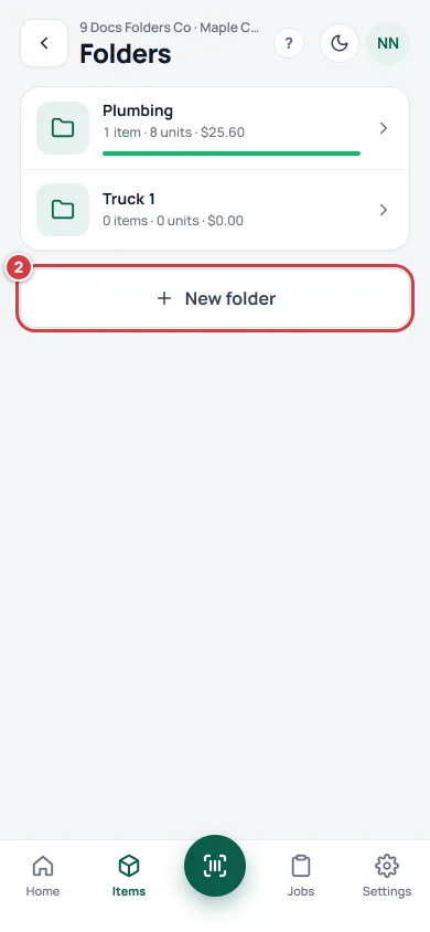 The Folders screen on a phone with the New folder button marked 2.