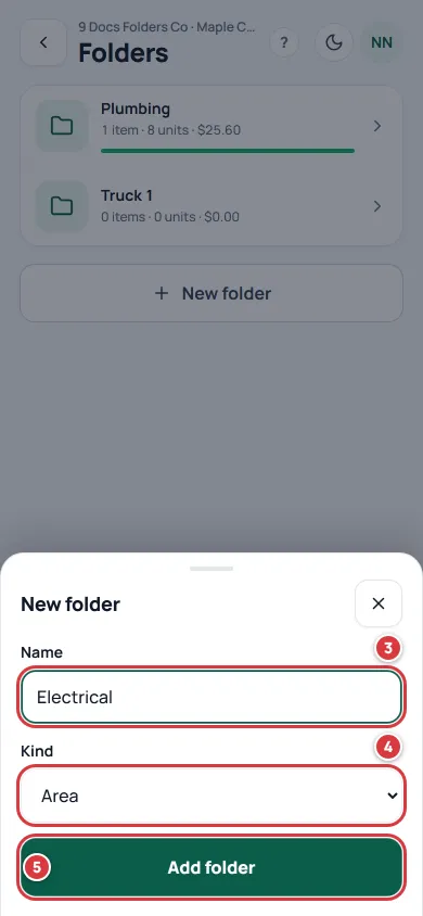 The New folder sheet on a phone. The Name box is marked 3, Kind is marked 4 and the Add folder button is marked 5.
