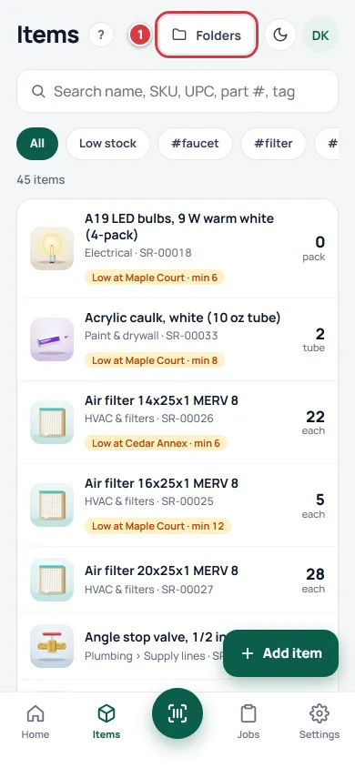 The Items screen on a phone with the Folders button marked 1.