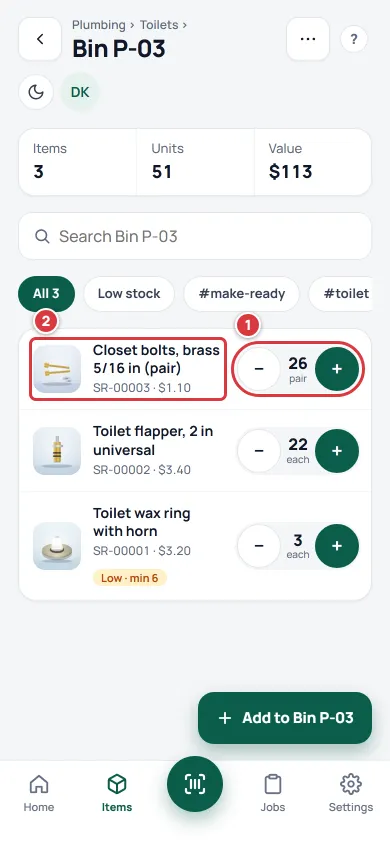 A folder page with items. The round minus and plus on the first row are marked 1 and the item itself is marked 2.