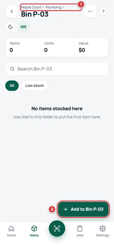 The new, empty folder Bin P-03. The path above the name is marked 1 and the Add to Bin P-03 button is marked 2.