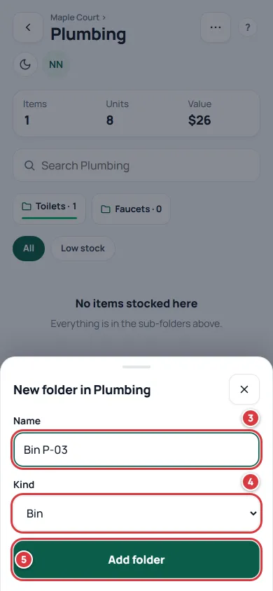 The New folder in Plumbing sheet. The Name box is marked 3, Kind is marked 4 and Add folder is marked 5.