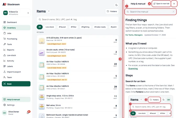 The help panel open on the right of the Items screen. The search box is marked 1, Open in new tab is marked 2, the left edge of the panel is marked 3 and the Close button at the top right has a red outline.