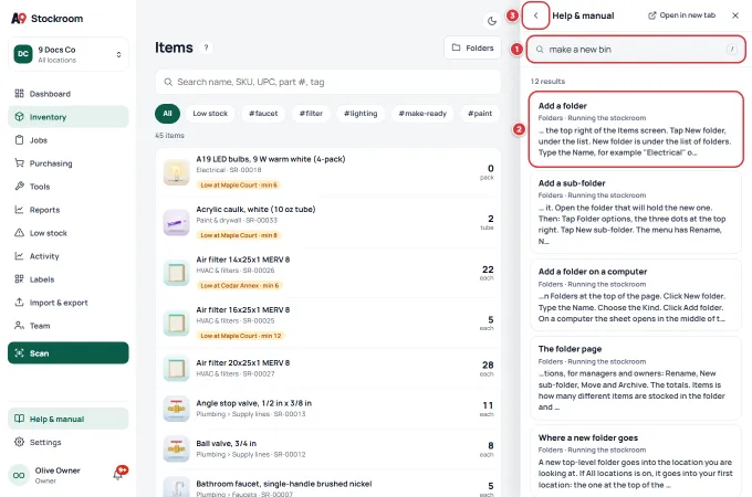 The help panel showing results for "make a new bin". The search box is marked 1, the first result is marked 2 and the back arrow is marked 3.