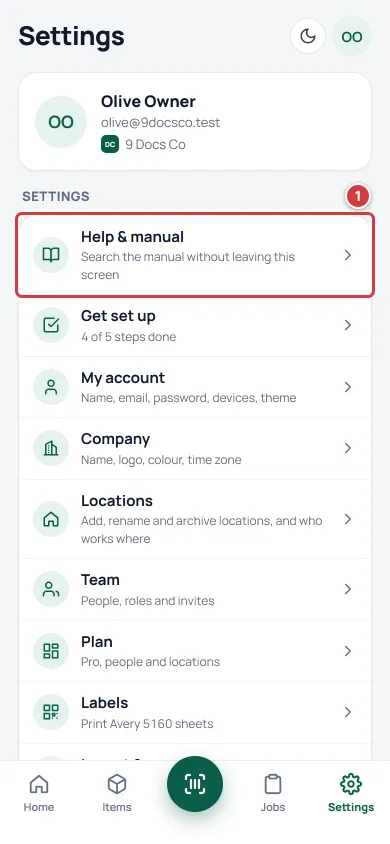 The Settings screen on a phone with the Help & manual row marked 1.