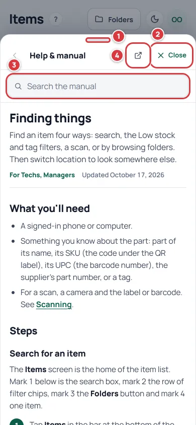 The help sheet open on a phone. The bar to drag is marked 1, Close is marked 2, the search box is marked 3 and Open in new tab is marked 4.