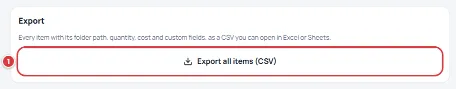 The Export card on Import and export with Export all items (CSV) marked.