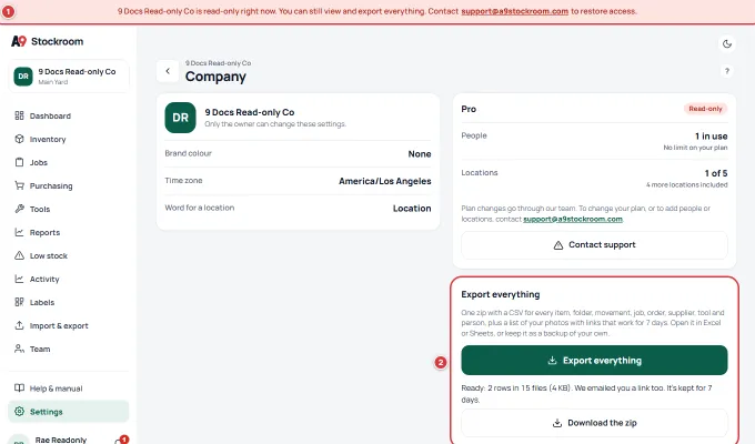A read-only company's Company screen with the red line at the top and the Export everything card.