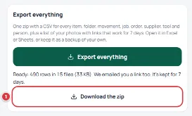 The finished export: rows, files and size, and the Download the zip button.