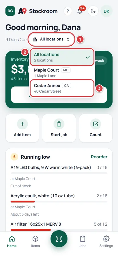 The location menu open on a phone. Mark 1 is the location button, mark 2 is All locations and mark 3 is one location in the list.