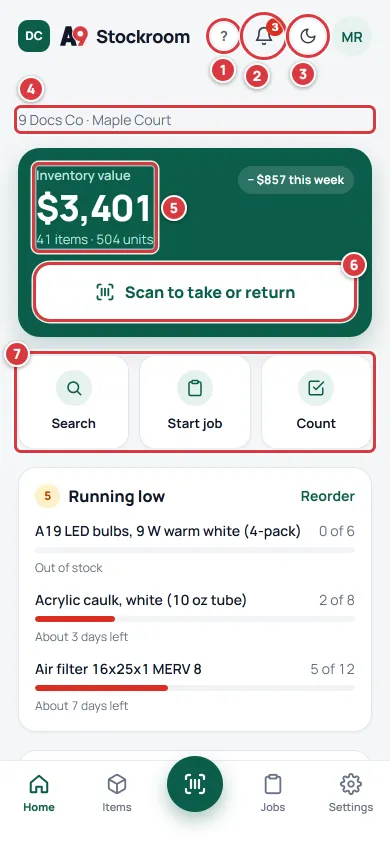 The Home screen on a phone: the company and location, the alerts bell, the Scan button, three quick actions and what is running low.