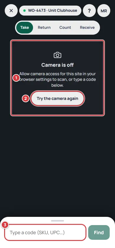 The Scan screen when the camera is blocked: the message Camera is off (1), the Try the camera again button (2) and the Type a code box (3).