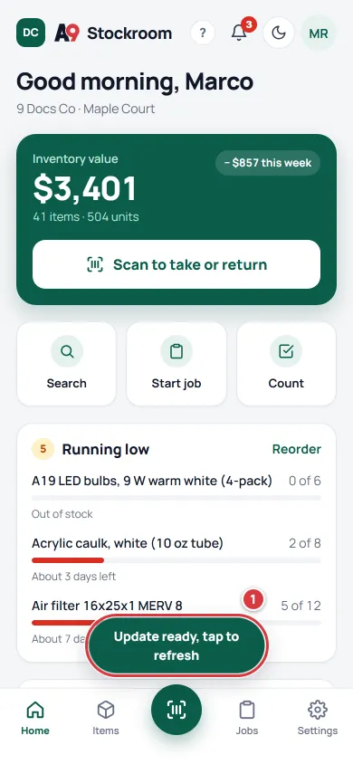 The Home screen with a green button at the bottom, Update ready, tap to refresh, marked 1.