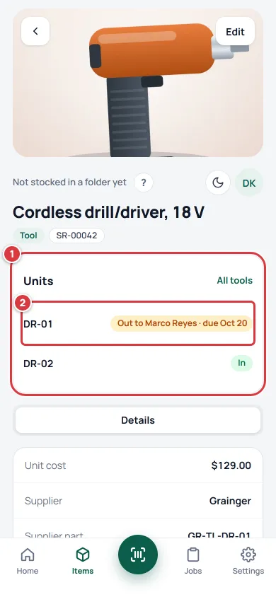 A tool's page. Mark 1 is the Units card and mark 2 is one unit that is out to someone with a due date.