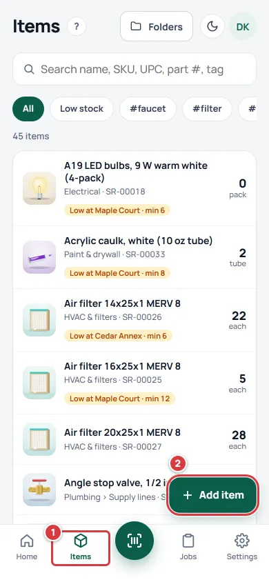 The Items screen on a phone. The Items tab is marked 1 and the Add item button is marked 2.