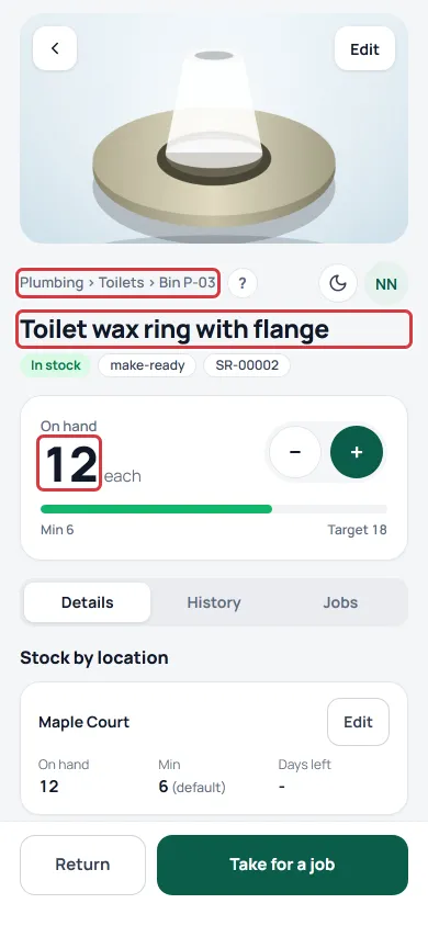 An item screen just after it was added. The folder path, the name and the On hand number are outlined.